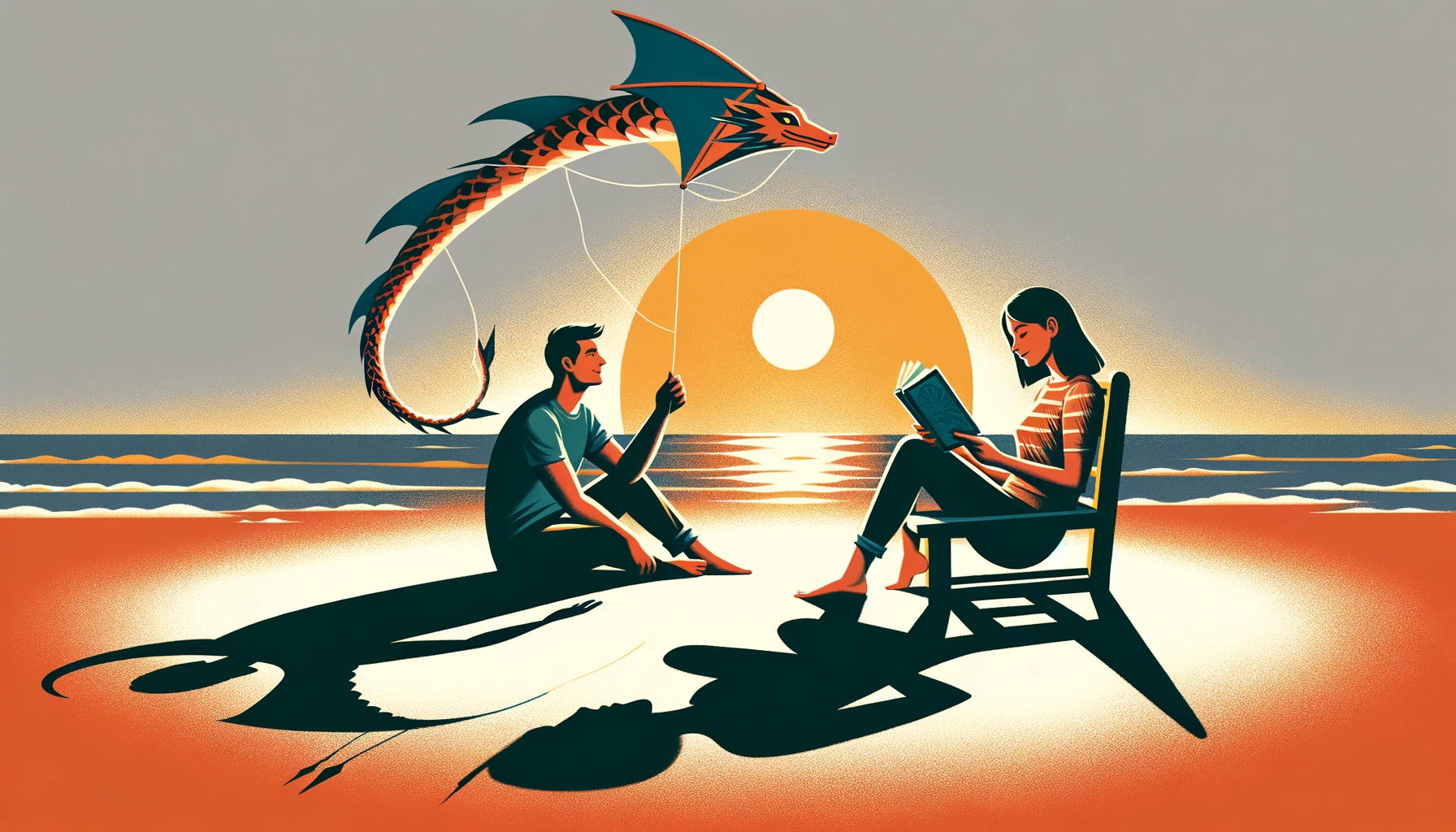 Una pareja es representada en una playa durante el atardecer. El hombre, con rasgos hispanos, está volando una cometa con forma de dragón, y la mujer, con rasgos caucásicos, está absorta en un libro. Sus sombras fusionadas en la arena simbolizan su unidad, mientras que sus actividades resaltan sus pasiones individuales.