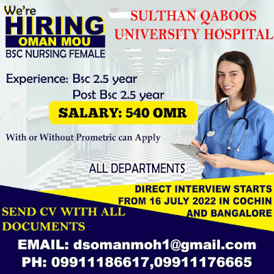 Urgently Required Nurses for Sultan Qaboos University Hospital Oman