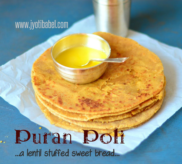 Puran Poli is a lentil stuffed sweet bread from the state of Maharashtra. Chana Dal, flour, jaggery, cardamom and ghee are the main ingredients in this puran poli recipe.