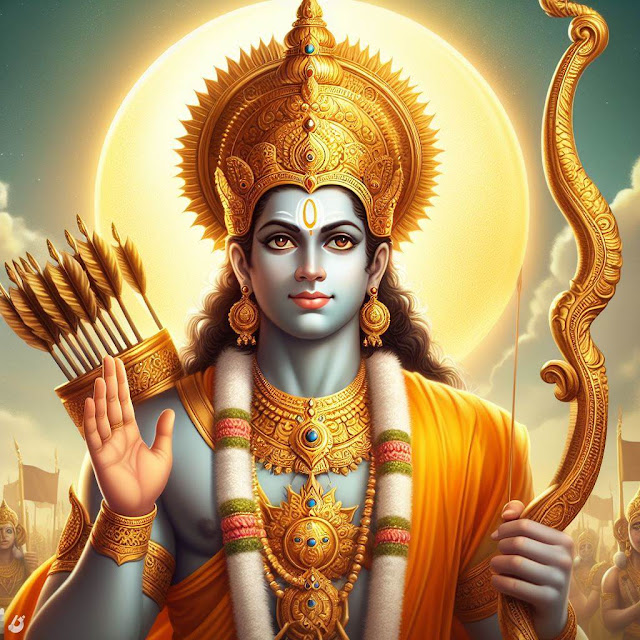 Lord Rama with a big golden crown, one hand in blessing