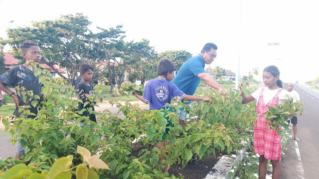 Bersihkan Taman Bunga Bersama, Petrus Fatlolon Ajak Generasi Muda Tanimbar Selalu Giat dan Rajin