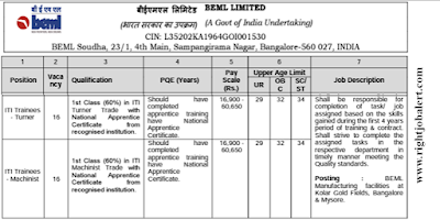 ITI Trainees - Turner,Machinist Job Opportunities in BEML Limited