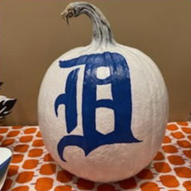 Photo of pumpkin with Detroit symbol on it