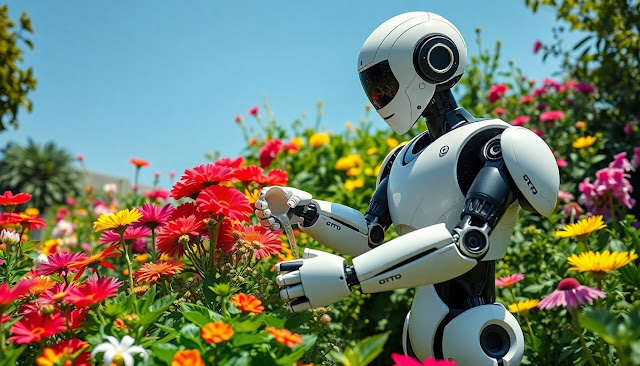 Robot gardener watering colorful plants in a garden.