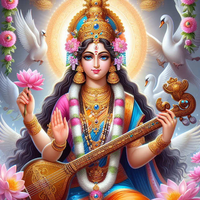 Goddess Saraswati with veena musical instrument wallpaper