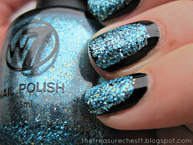 glitter and black halfmoon framed half framed nails w7 cosmic blue swatch