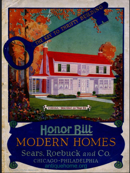 front of 1923 Sears Honor Bilt Modern Homes catalog, vibrant blues, greens, orange, yellow, Sears Verona model pictured in white 