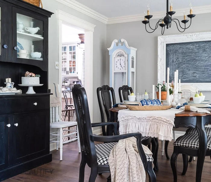 dining room with black hutch