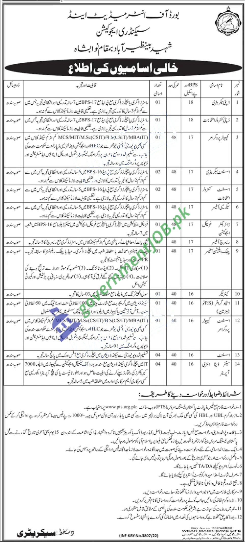 BISE Shaheed Benazirabad Jobs 2022 – Apply online