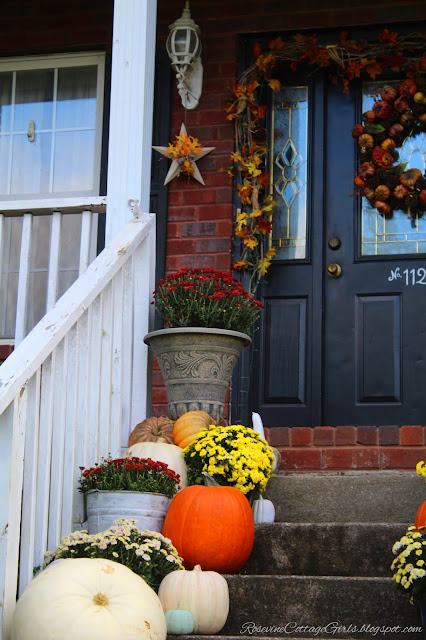 Farmhouse Style, Porch Decor, Mums, Pumpkins, Fall Decor