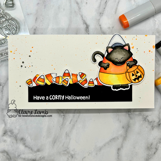Have a corny Halloween by Claire features Candy Corn and Candy Corn Halloween by Newton's Nook Designs; #inkypaws, #newtonsnook, #halloweencards, #cardmaking, #catcards, #cardchallenge
