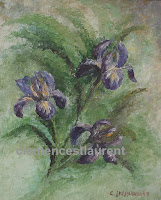 Irises, 12 x 10 oil painting by Clemence St. Laurent - spray of purple-blue-yellow irises