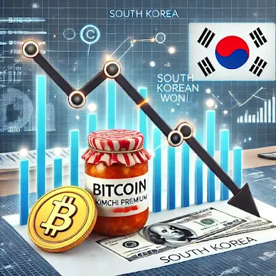 비트코인 김치 프리미엄 감소를 나타내는 이미지 – 한국 내 비트코인 가격과 해외 가격의 차이를 설명하는 그래프. 하락하는 프리미엄을 시각화하며 비트코인과 원화 아이콘이 배치되어 국내 시장의 배경을 나타냄.