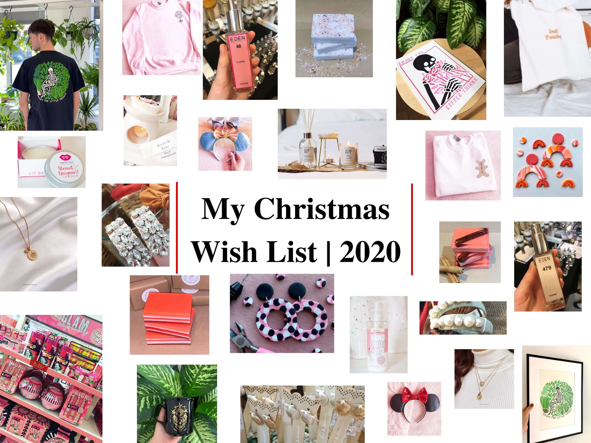 Collage of items on my Christmas wish list 2020, including beauty, candles, clothing, home wear and accessories. Vegan, cruelty-free and small independent businesses.