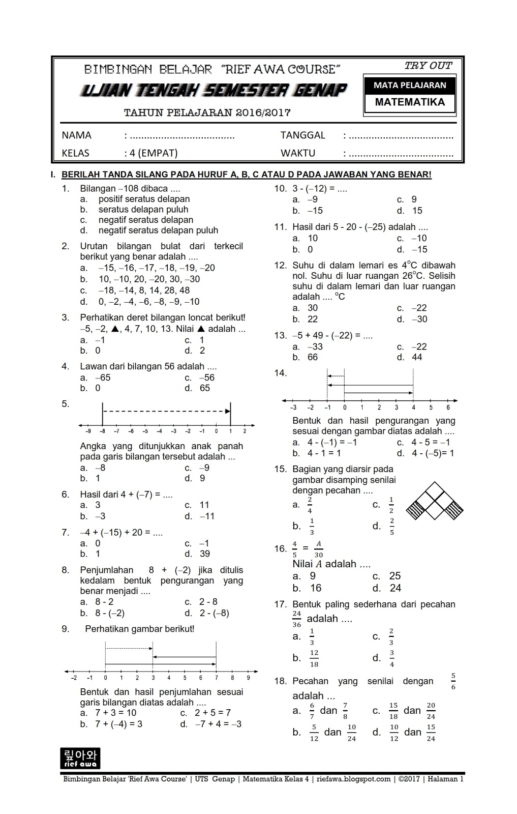 Download Soal UTS Genap Matematika Kelas 4 SD\/MI Semester 2 Terbaru 2017 ~ Rief Awa Blog 