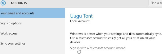 Windows 10, Paramètres, Comptes. Pour convertir votre compte local en compte Microsoft, cliquez sur "Connectez-vous avec un compte Microsoft".