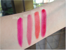 MELTED de TOO FACED - Swatches - Fuchsia - Peony - Coral - Ruby