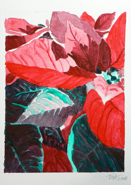 Napthol Red and Pthalogreen Poinsettia leaves, ©2018 Tina M. Welter