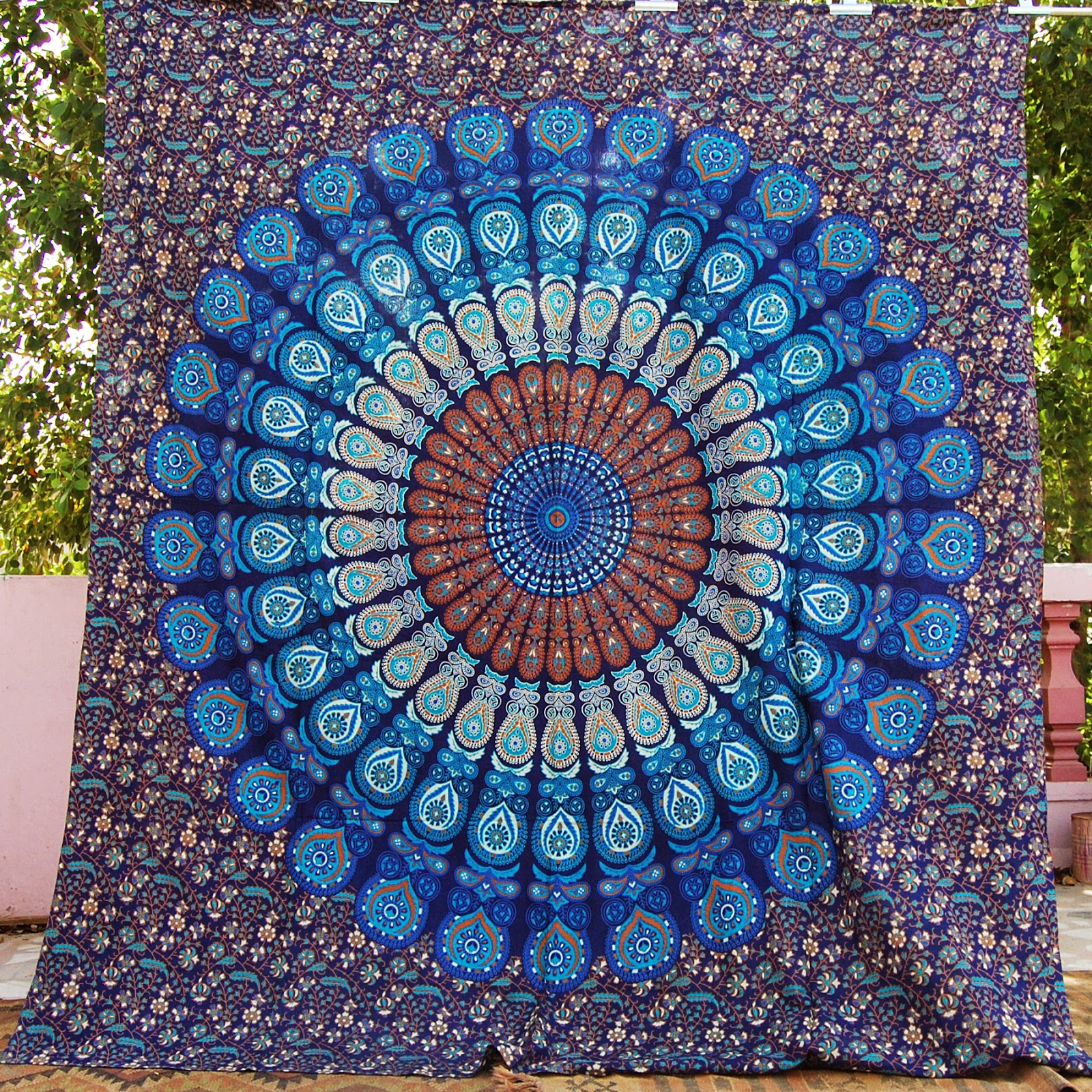  BLUE mandala throw, block print table cloth, beach tapestry, Queen hippie bedding, Indian tapestry, block print bedspread, ceiling decor