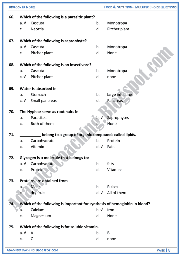 food-and-nutrition-multiple-choice-questions-biology-notes-for-class-9th