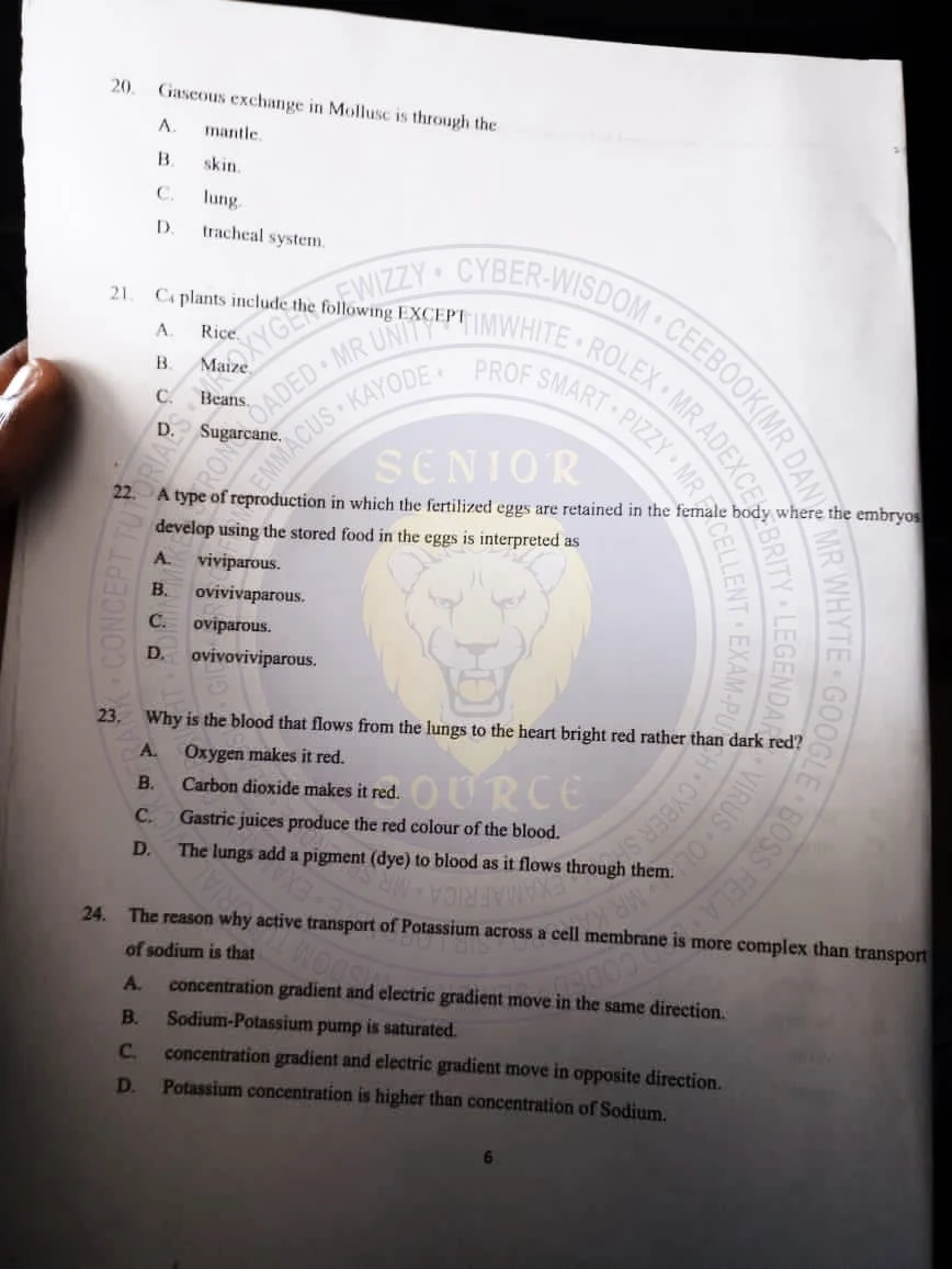 JUPEB Biology Questions 2023