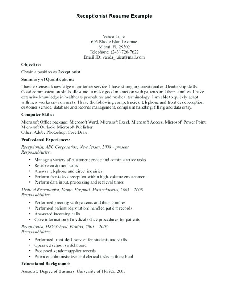 samples of receptionist resumes cover letter for receptionist resume cover letters samples sample resume for medical receptionist with no experience.