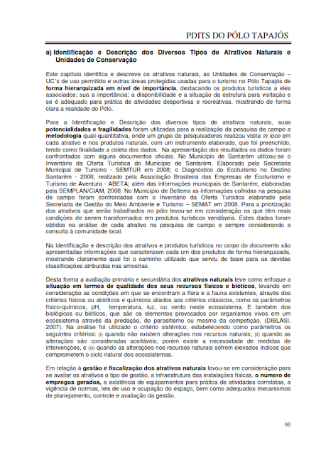 DIAGNÓSTICO DA ÁREA E DAS ATIVIDADES TURÍSTICAS DO PÓLO TAPAJÓS - NOVEMBRO 2010 - PARTE I – PARÁ – BRASIL