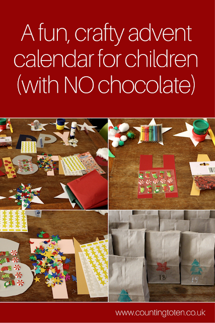 A fun, crafty advent calendar for children (with no chocolate) and images of the contents of the advent calendar