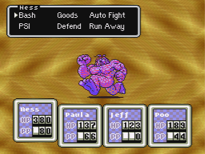 The party battles the Guardian General, a boss inside the Pyramid in EarthBound.