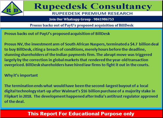 Prosus backs out of PayU’s proposed acquisition of BillDesk - Rupeedesk Reports - 04.10.2022