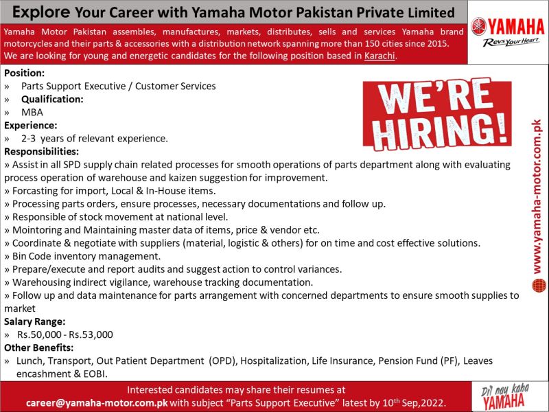 Yamaha Motor Pakistan Pvt Ltd Jobs For Parts Support Executive / Customer Services