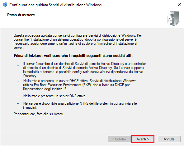 Configurazione guidata Servizi di distribuzione Windows, Prima di iniziare