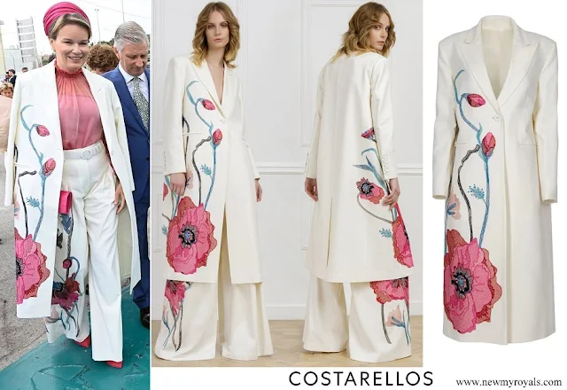 Queen Mathilde wore Costarellos zelia embroidered wool coat