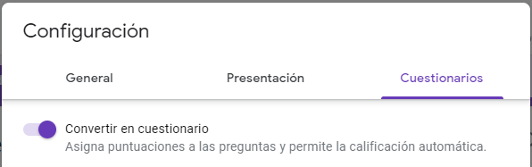 Interruptor "Convertir en cuestionario" de Google Forms