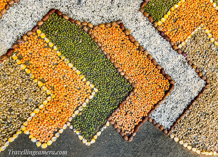 One of the crucial aspect most of the people forget is that we start making Rangolis in daylight while the Rangolis should look more beauiful and shine in night. So making choice of colours accordingly it very important. I will not list down the lentils I use and rather have you look at the photograph and figure out yourself. Please do coment below with number of lentils used and names of these lentils. Happy Diwali !