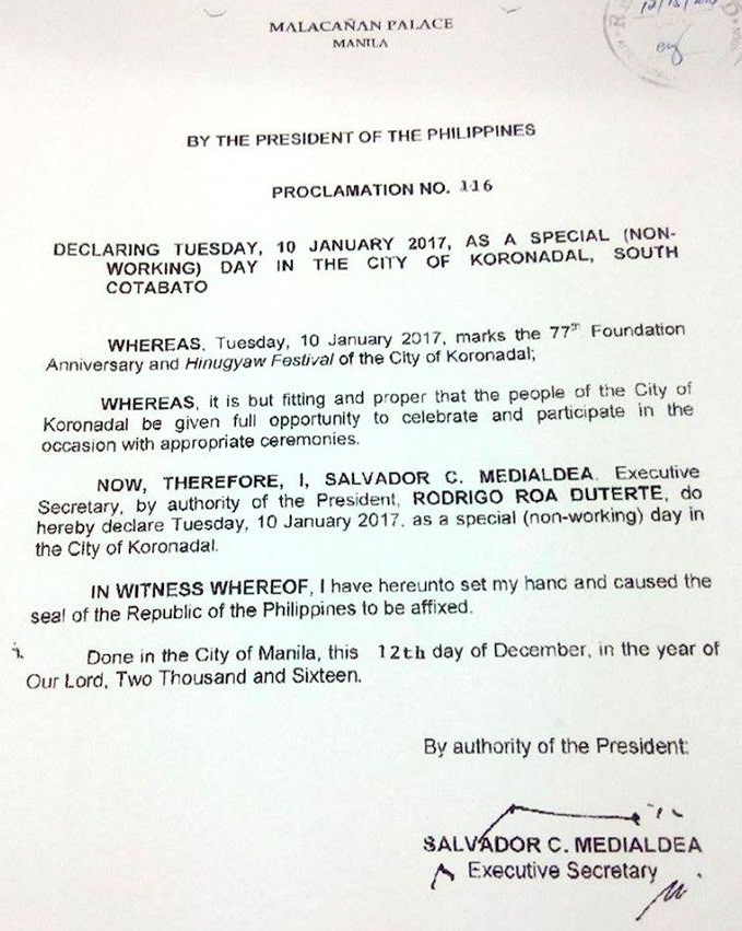 January 10 is a Special (Non-Working) Day in Koronadal City