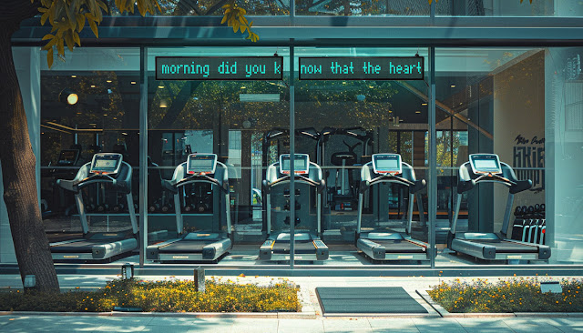 small gym with large windows and two programmable LED signs and inside are tread mills