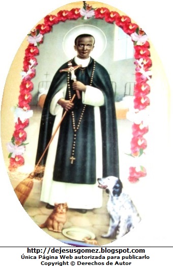 Dibujo de San Martín de Porres con la imagen de Jesús y junto a animales. Imagen de San Martín de Porres de Jesús Gómez