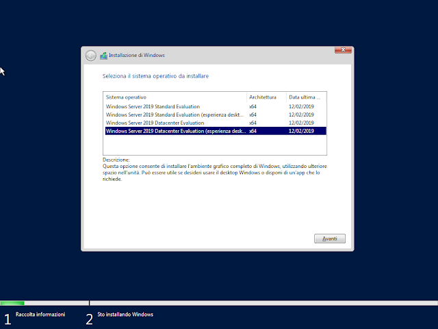 Windows Server 2019, Seleziona versione sistema operativo da installare