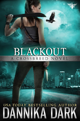 Blackout book cover, a moonlight knight over a city in the background. A woman is standing on an empty road, a machette over her shoulder, a tough stance, and a raven flying over the moon