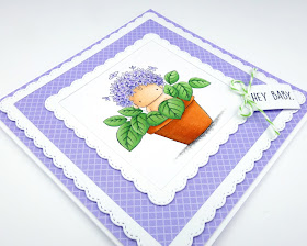 Handmade card with cute hydrangea baby in a flower pot (image from Stamping Bella)