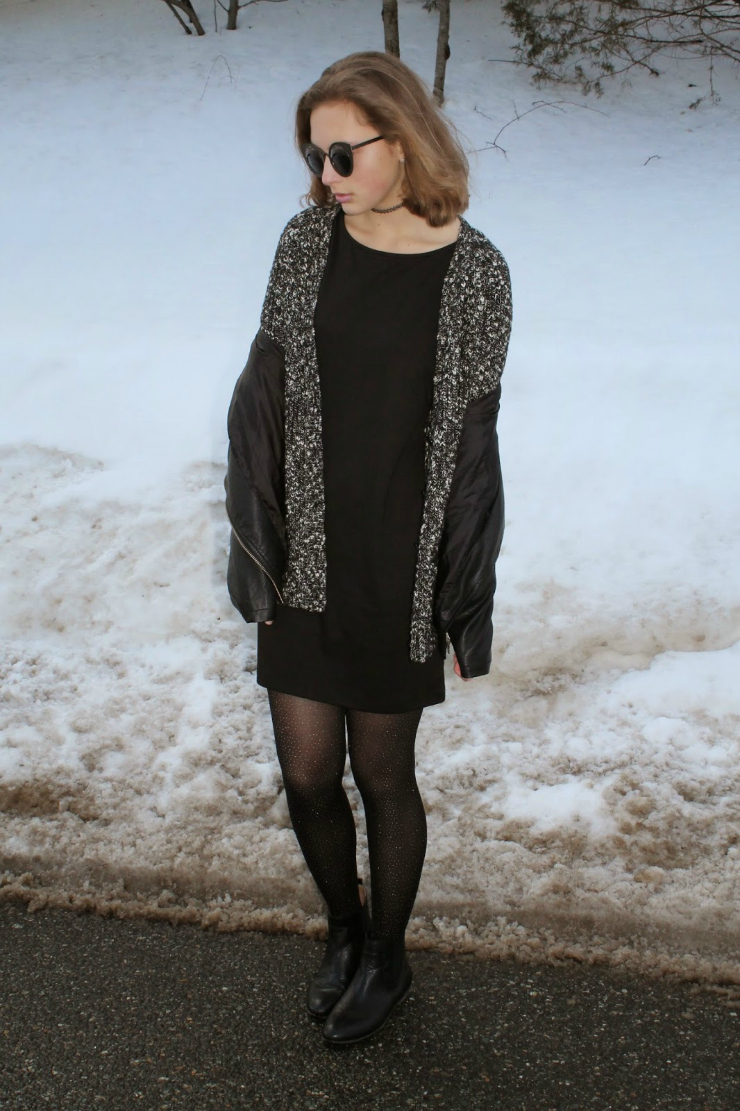 LBD, black leather jacket layered over a black and white cardiagn, Chelsea booties for a cute winter ootd