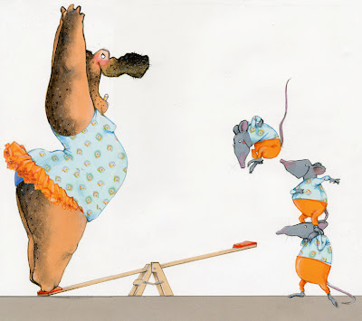 illustration by robert wagt of a circus hippo and rats on a seesaw