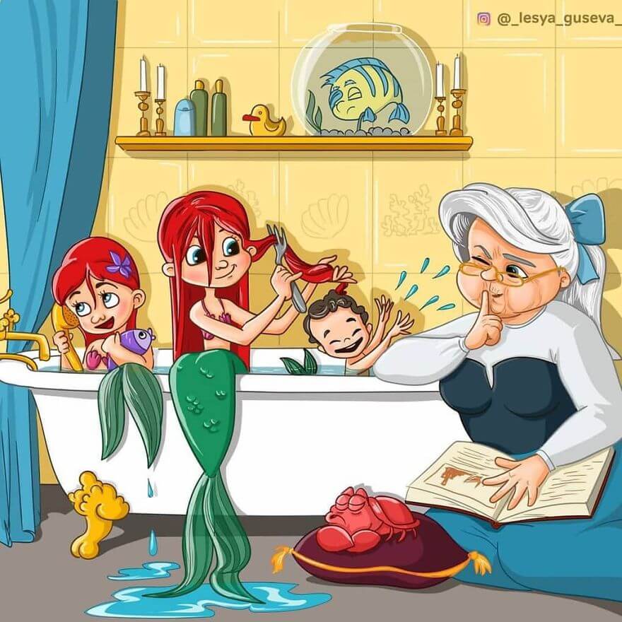 15 Beautiful Illustrations Of Popular Cartoons And Comic Characters In Old Age - Ariel