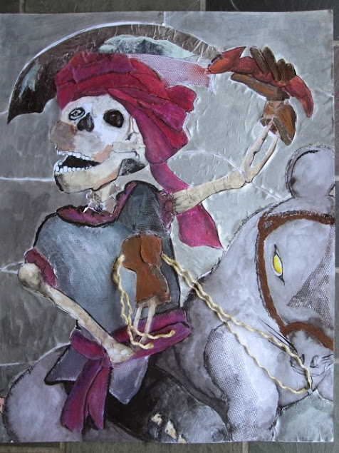 painting depicting swashbuckler human skeleton riding a rat