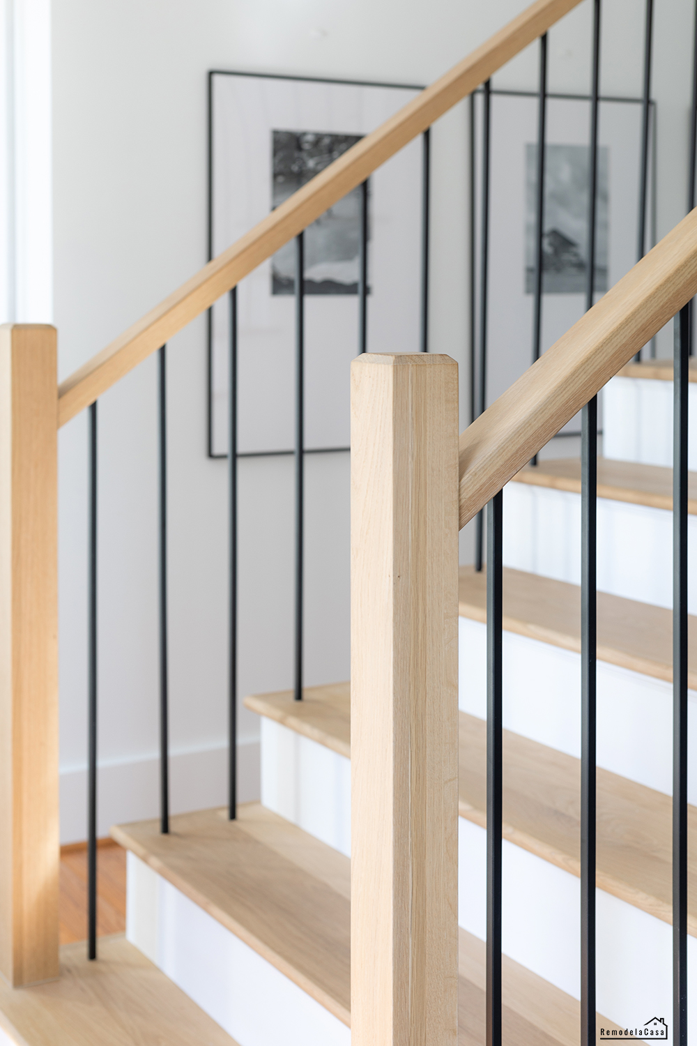 White Oak staircase makeover with square iron balusters