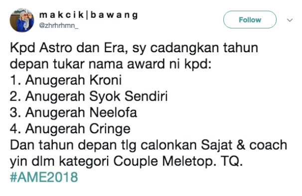 “Sendiri host, sendiri calon, sendiri announce, sendiri menang, sampaikan pun kat diri sendiri. Real definition of SYOK SENDIRI.”