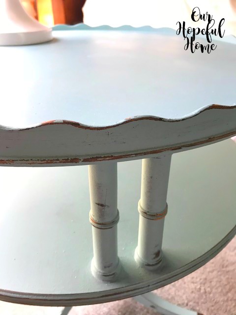 painted wooden table distressed gold spindles fluted edges