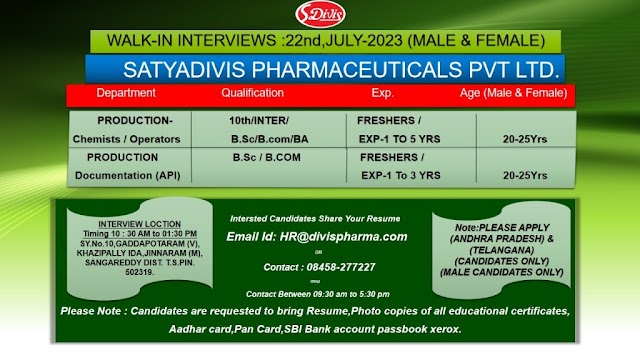 Satya Divis | Walk-in interview for Freshers and Experienced on 22nd July 2023