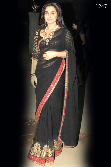 vidya balan gorgeous look black saree,Bollywood Actress Vidya Balan in Black Georgette Replica Saree